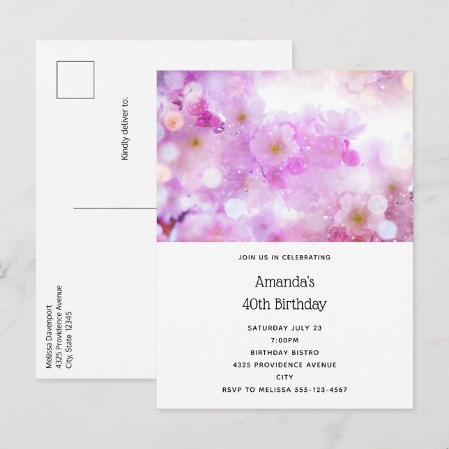 Pink Cherry Blossom Flowers Photo Birthday Invitation Postcard (Front/Back)