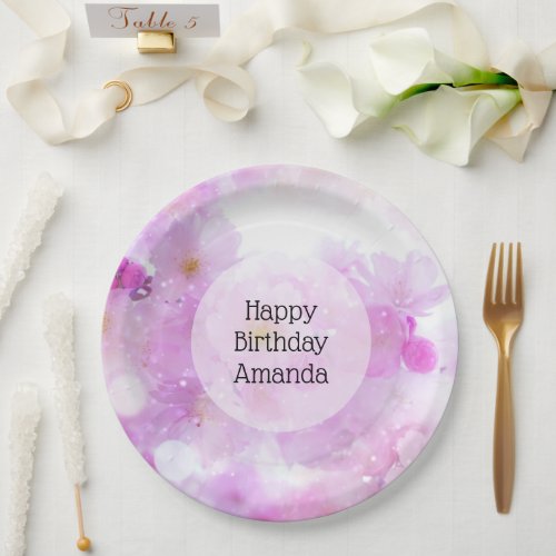 Pink Cherry Blossom Flowers Photo _ Birthday Paper Plates