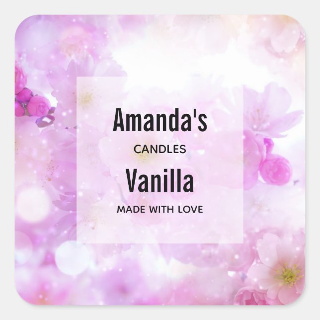 Pink Cherry Blossom Flowers Photo Candle Business Square Sticker (Front)
