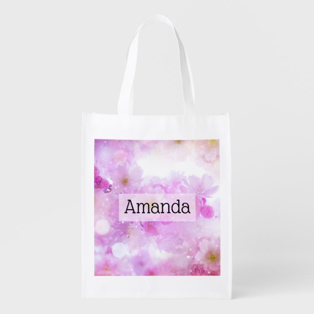 Pink Cherry Blossom Flowers Photo Grocery Bag (Front)