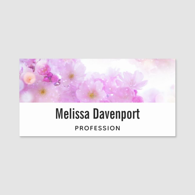 Pink Cherry Blossom Flowers Photo Name Tag (Front)