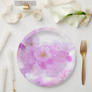 Pink Cherry Blossom Flowers Photo Paper Plates