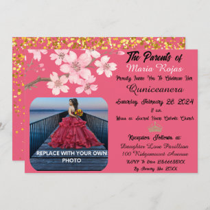 Pink Cherry Blossom Flowers Photo Quinceanera Invitation