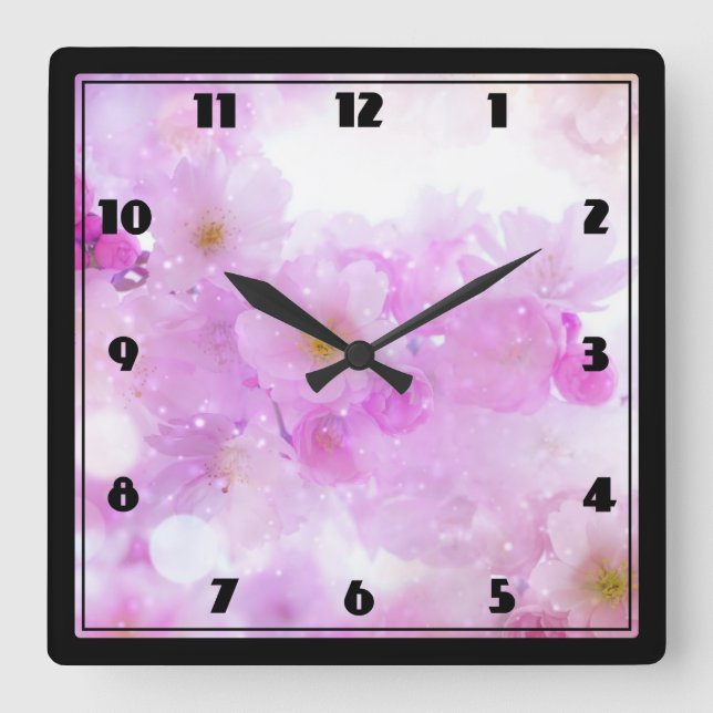 Pink Cherry Blossom Flowers Photo Square Wall Clock (Front)