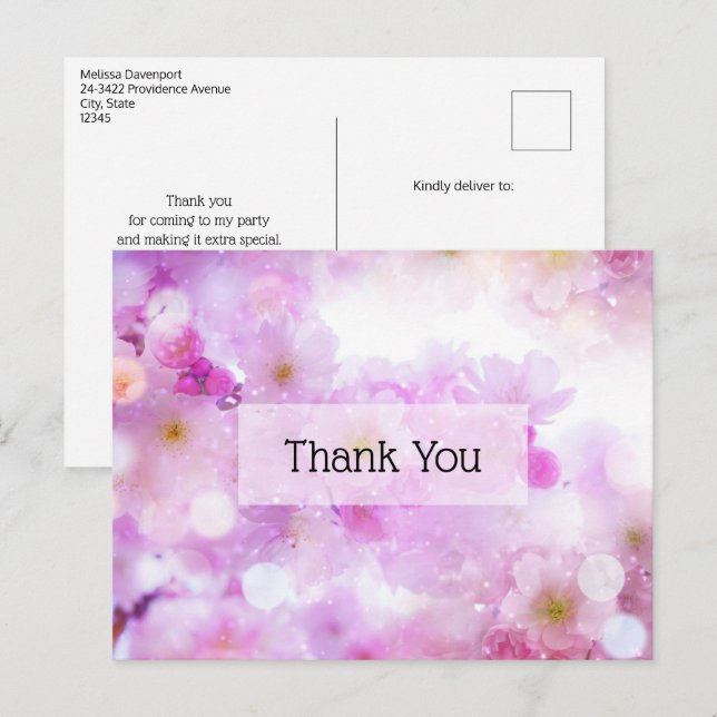 Pink Cherry Blossom Flowers Photo Thank You Postcard (Front/Back)