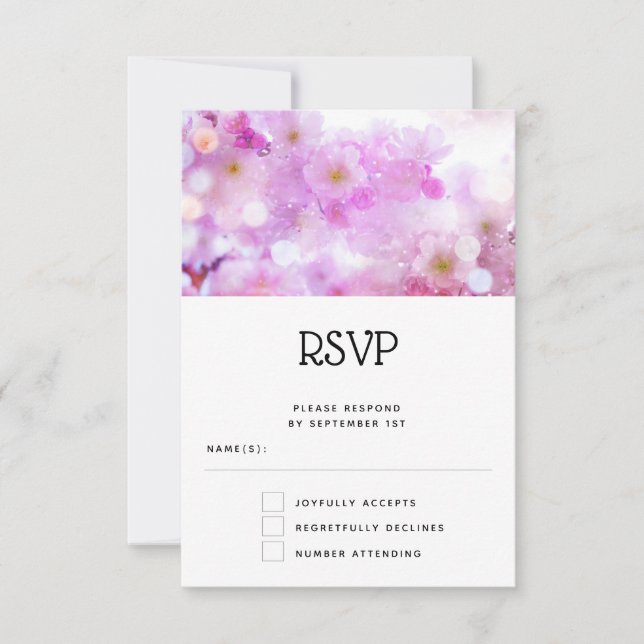 Pink Cherry Blossom Flowers Photo Wedding RSVP Card (Front)