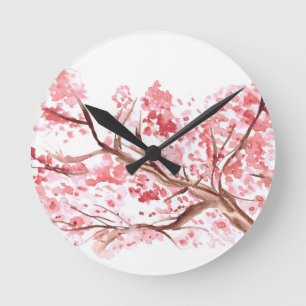 Pink cherry blossom flowers watercolor painting round clock