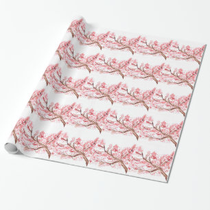 Pink cherry blossom flowers watercolor painting wrapping paper