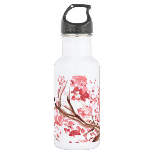 Pink cherry blossom flowers watercolor Sakura Stainless Steel Water Bottle
