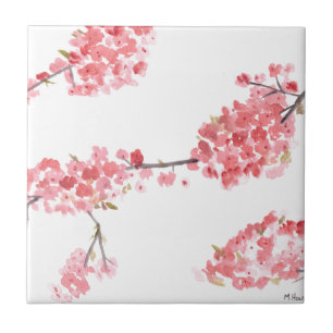 Pink cherry blossom flowers watercolor spring tile