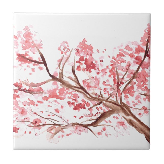 Pink cherry blossom flowers watercolor tree pretty ceramic tile (Front)