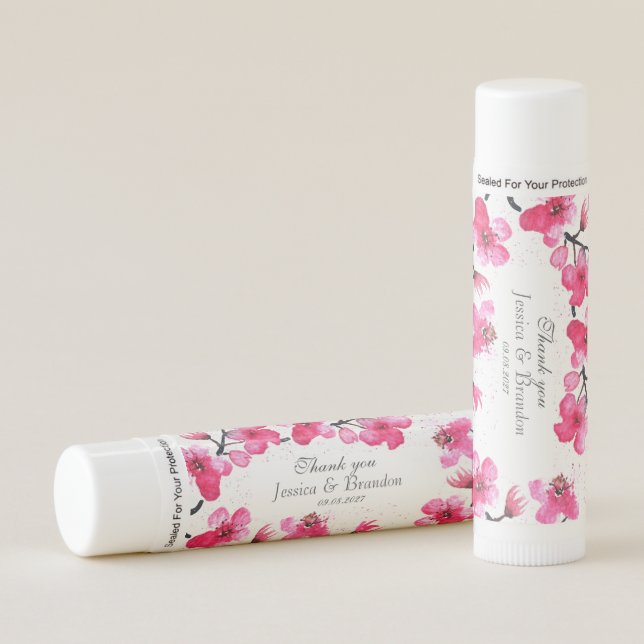 Pink Cherry Blossom Flowers Watercolor Wedding Lip Balm (Front)