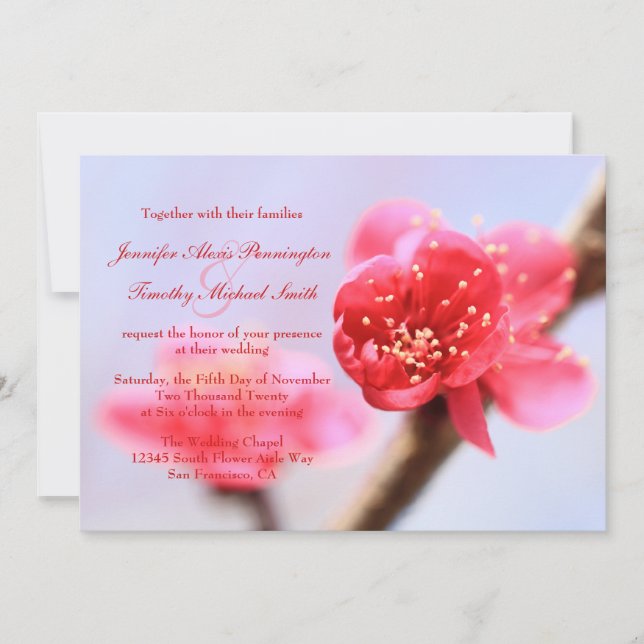 Pink cherry blossom flowers wedding invitation (Front)