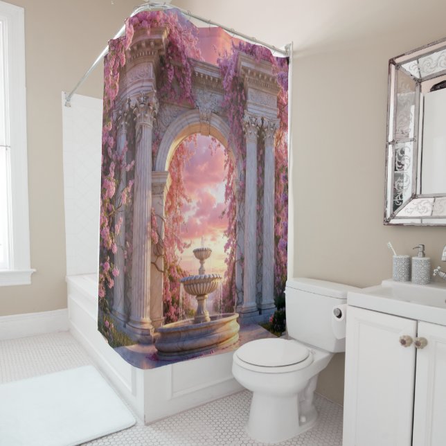 Pink Cherry Blossom Fountain Marble Arch Shower Curtain (In Situ)