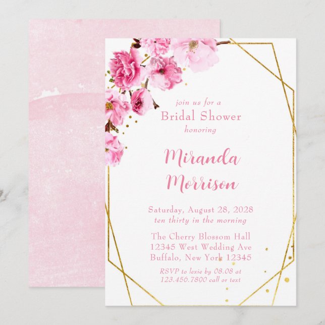 Pink Cherry Blossom Geometric Bridal Shower Invitation (Front/Back)