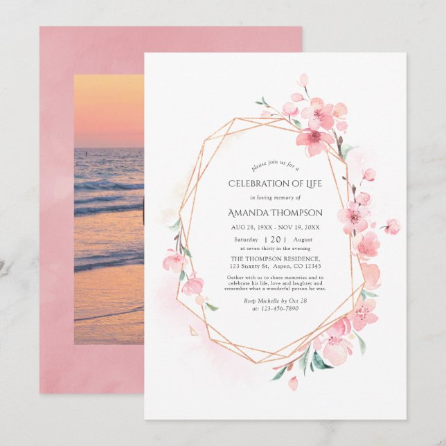 Pink Cherry Blossom Geometric Celebration of Life Invitation (Front/Back)