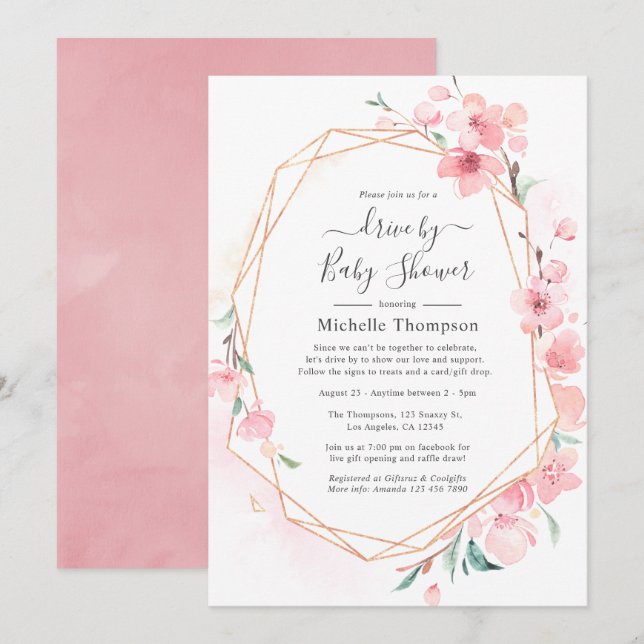 Pink Cherry Blossom Geometric Drive By Shower Invitation (Front/Back)