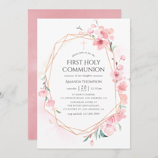 Pink Cherry Blossom Geometric Holy Communion Invitation (Front/Back)