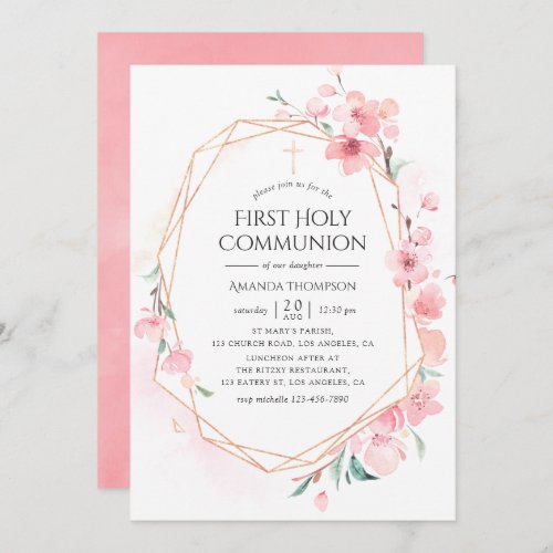 Pink Cherry Blossom Geometric Holy Communion Invitation