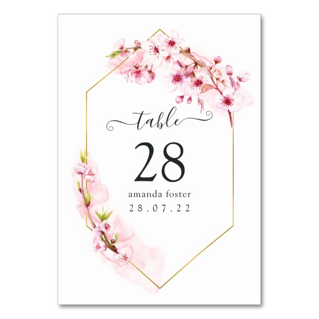 Pink Cherry Blossom Geometric Quinceañera Table Number (Front)