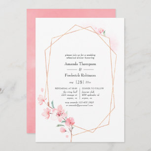 Pink Cherry Blossom Geometric Rehearsal Dinner Invitation
