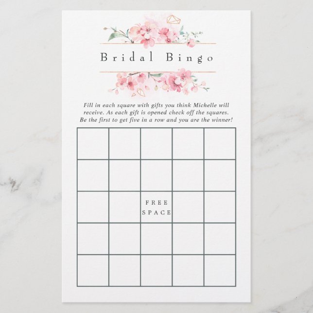 Pink Cherry Blossom Geometric Spring Bridal Bingo (Front)