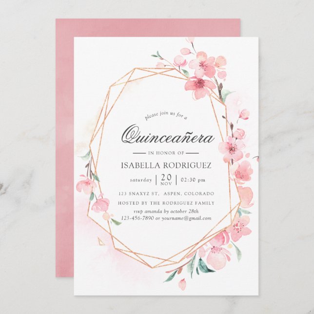 Pink Cherry Blossom Geometric Spring Quinceañera Invitation (Front/Back)