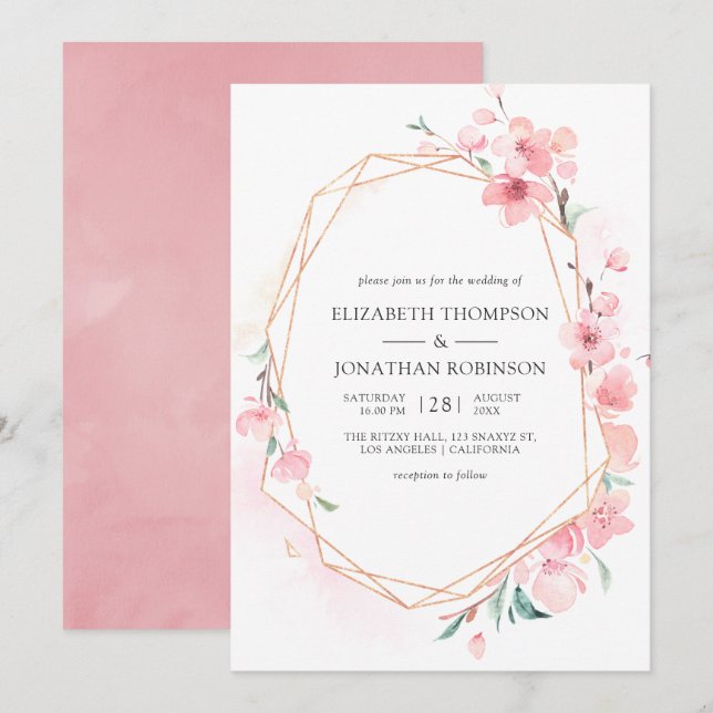 Pink Cherry Blossom Geometric Spring Wedding Invitation (Front/Back)