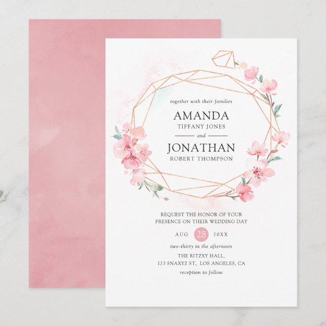 Pink Cherry Blossom Geometric Spring Wedding Invitation (Front/Back)