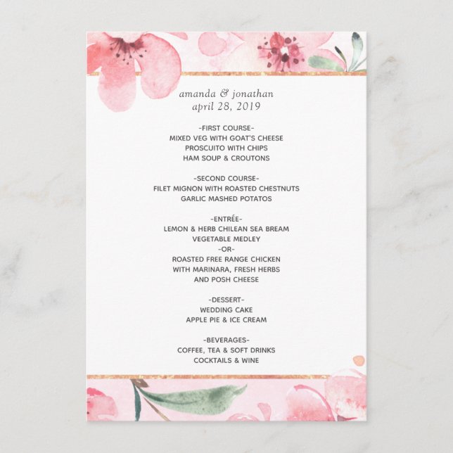 Pink Cherry Blossom Geometric Spring Wedding Menu (Front)