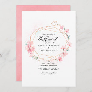 Pink Cherry Blossom Geometric Spring Wedding Photo Invitation