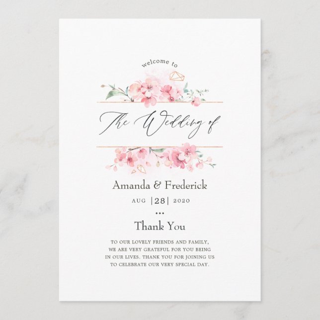 Pink Cherry Blossom Geometric Spring Wedding Program (Front)