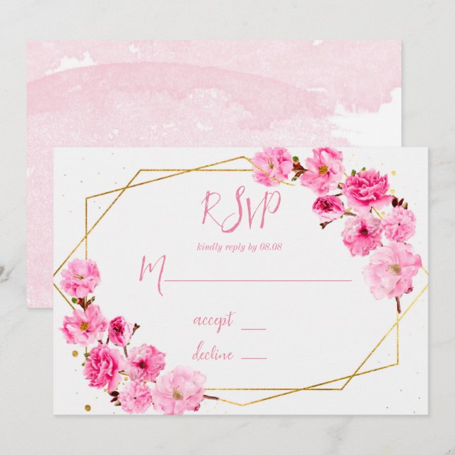 Pink Cherry Blossom Geometric Wedding RSVP Cards (Front/Back)
