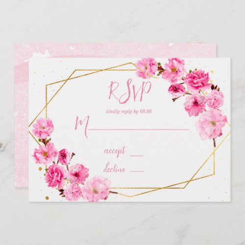 Pink Cherry Blossom Geometric Wedding RSVP Cards