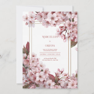 Pink Cherry Blossom Gold Frame Elegant Wedding Invitation