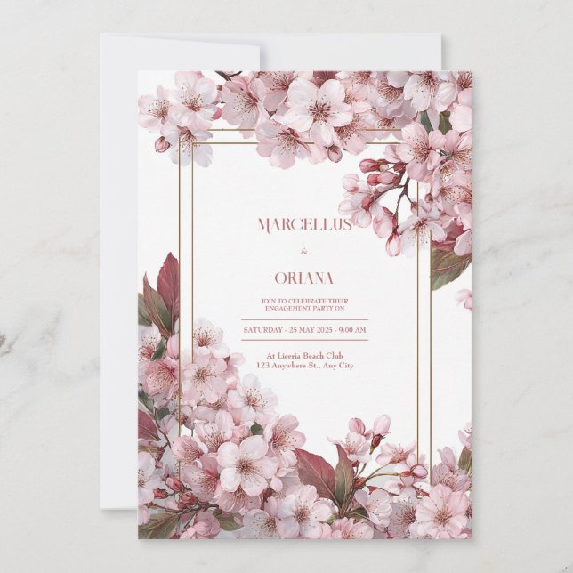 Pink Cherry Blossom Gold Frame Elegant Wedding Invitation (Front)