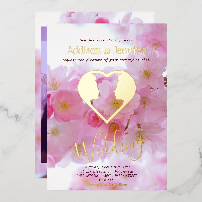 Pink cherry blossom & GOLD -gay wedding Foil Invitation (Front/Back)