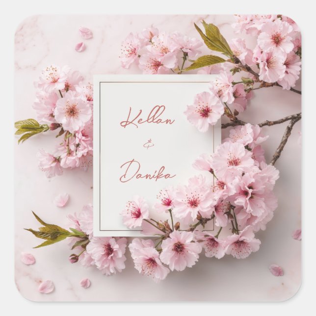 Pink Cherry Blossom Gold Marble Square Wedding Sticker (Front)