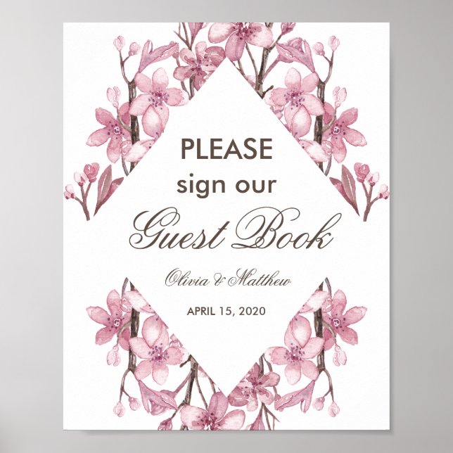 Pink cherry blossom. Guest book wedding sign (Front)