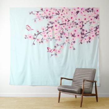 Pink Cherry Blossom Illustrative Landscape Tapestry by NinaBaydur at Zazzle