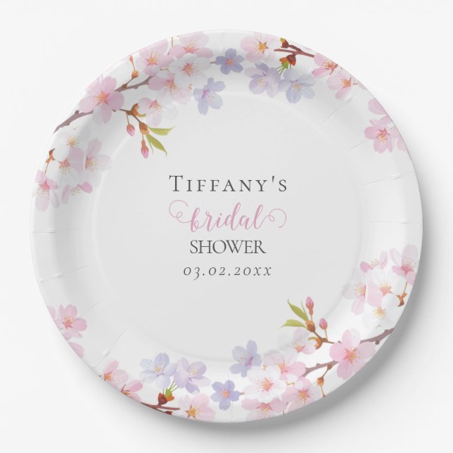 Pink Cherry Blossom in Bloom Garden Bridal Shower Paper Plates (Front)