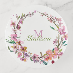 Pink Cherry Blossom Initial Monogram Trinket Trays
