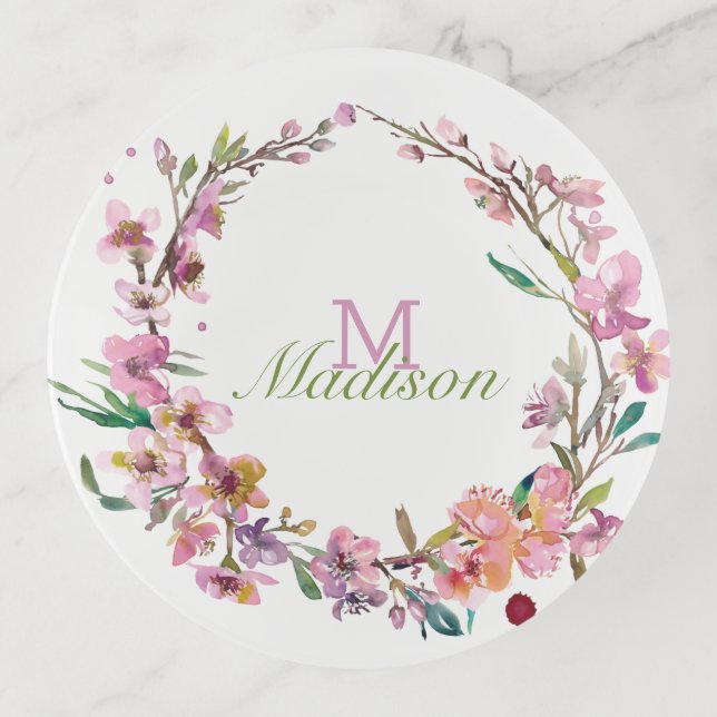 Pink Cherry Blossom Initial Monogram Trinket Trays (Front)
