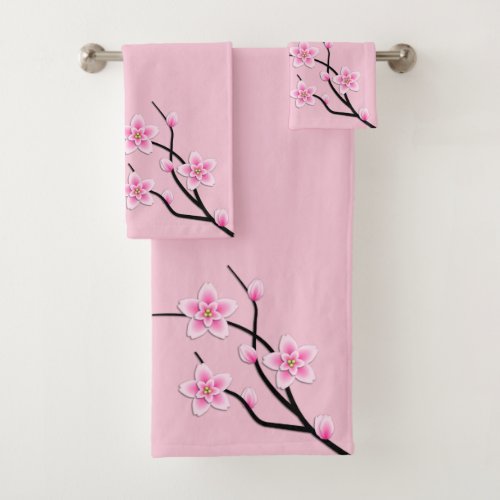 Pink Cherry Blossom inspired digital flowers Bath  Bath Towel Set