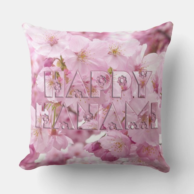 Pink Cherry Blossom Japanese Festival Happy Hanami Outdoor Pillow (Front)