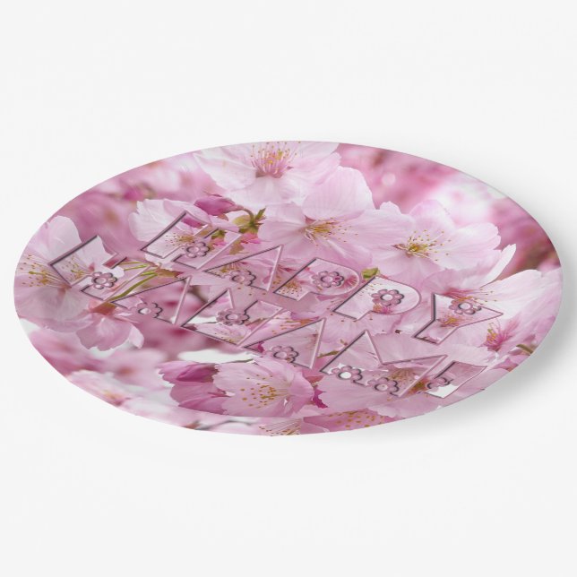 Pink Cherry Blossom Japanese Festival Happy Hanami Paper Plates (Angled)