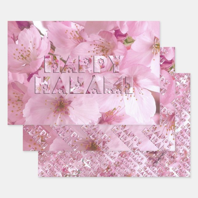 Pink Cherry Blossom Japanese Festival Happy Hanami Wrapping Paper Sheets (Set)