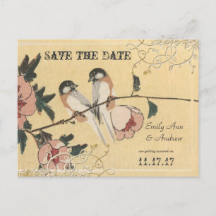 Pink Cherry Blossom Love Birds Save the Date Announcement Postcard