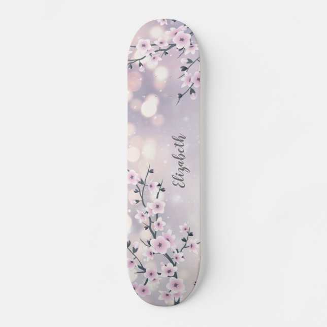 Pink Cherry Blossom Mauve Glitter Shiny Skateboard (Front)