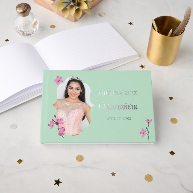 Pink Cherry Blossom Mint Green Personalized Photo Foil Guest Book (Front Open)
